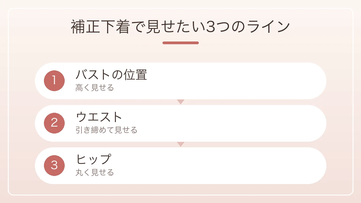 バストの位置とウエストとヒップを補正下着で見せたい3つのラインとして示した図解